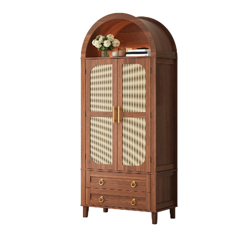 Merax Armoire haute , meuble de cuisine avec niche LED, aspect rotin, organiseurs de porte et 2 tiroirs, 76 x 40 x 179.5 cm, noyer - Bois manufacturé_0