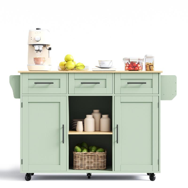 Merax Chariot de cuisine 139x46-71x91.5 cm, îlot mobile avec plan rabattable, 2 portes et 3 tiroirs, roulettes/pieds bois, vert sauge - vert Bois man_0