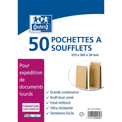 POCHETTES KRAFT ARME OXFORD - AUTO-ADHESIF - 120G - FORMAT 275 X 375 - A SOUFFLETS DE 30 - BOITE DE 50