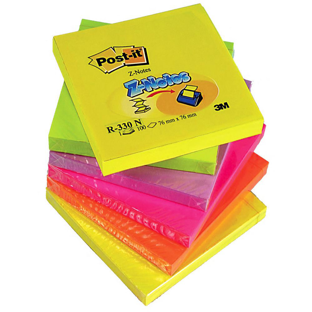POST-IT Z-NOTES COLORIS NEONS ASSORTIS - 76 X 76 MM DE 100 FEUILLES - LOT DE 12