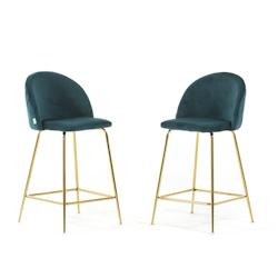 RATTATAN Lot de 2 tabourets de bar en velours avec pieds en métal,h.65cm,pour bar,restaurant et cuisine,design élégant–Sara XL–Bleu canard/Or -_0