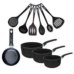 Set de 1 poêle 16 cm, 3 casseroles antiadhésives céramique 16, 18 et 20 cm et 6 ustensiles Fackelmann Brandao - 3176239943238_0
