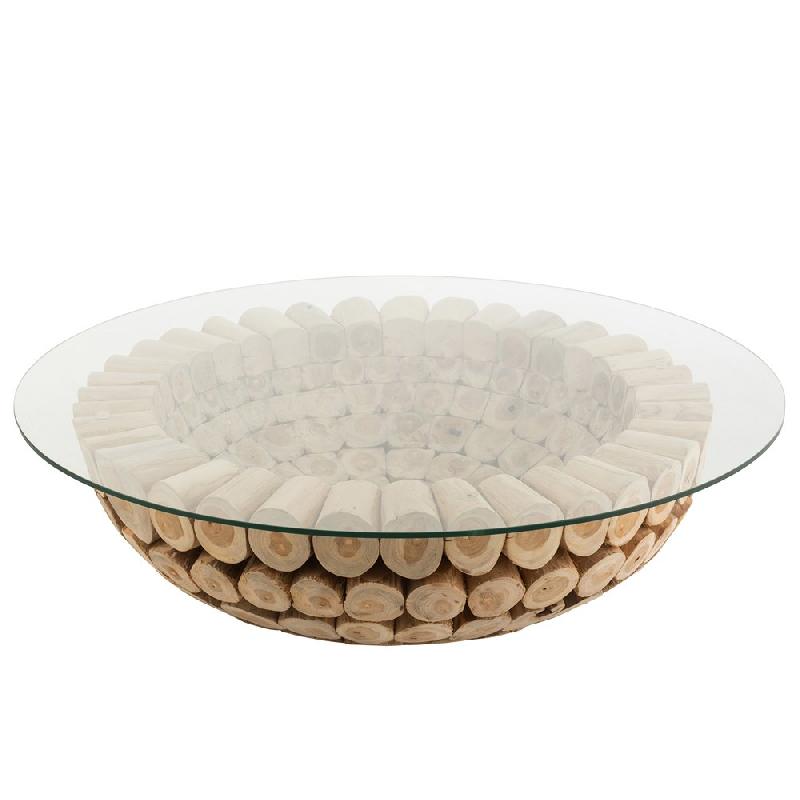 Table basse LAZA - Disques de teck naturel empilés avec plateau en verre trempé - Design indémodable_0
