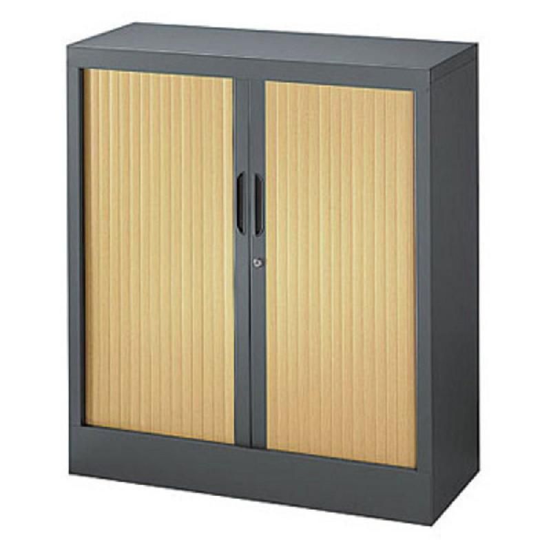 ARMOIRE MÉTAL CLASSTOUT CLASSIQUE - A RIDEAUX - L. 90 X  H. 100 CM - CORPS ANTHRACITE  - RIDEAUX HÊTRE
