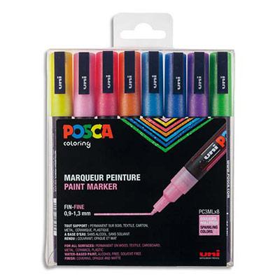 COFFRET UNIBALL DE 8 MARQUEURS PEINTURE POSCA PAILLETES, POINTE FINE, COULEURS ASSORTIES