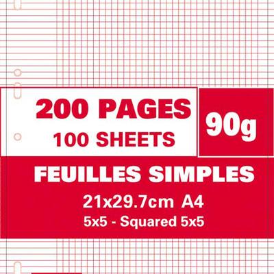 FEUILLETS MOBILES PERFORES - 90G - 5X5 - 21 X 29,7 CM - PAPIER BLANC - ETUI DE 200 PAGES