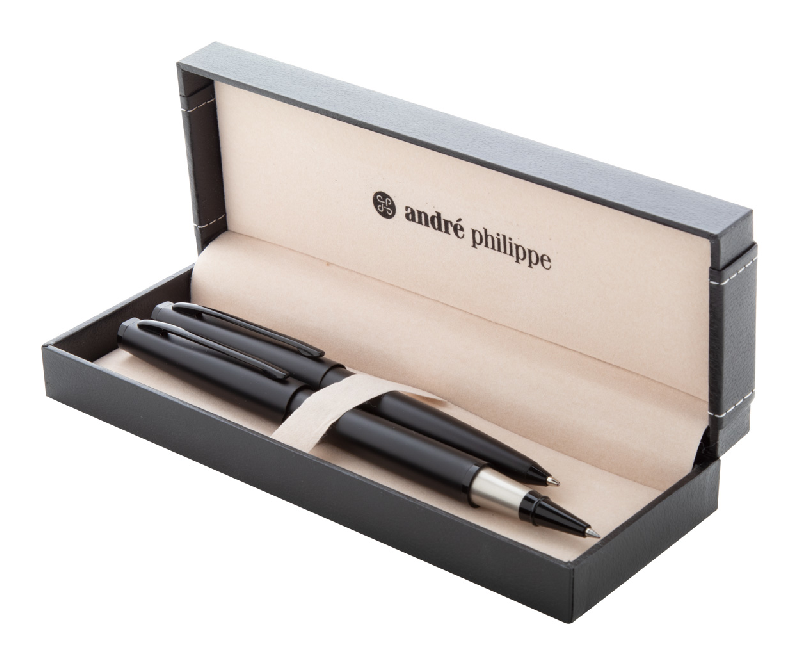 Parure stylo à bille et roller - finition mate noire - encre bleue - marque André Philippe_0