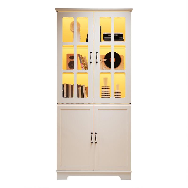 Merax Armoire Haute 80x38x180 cm, Vitrine avec 2 Portes en Verre et 2 Portes Pleines, 5 Étagères, Panneau de Particules, Blanc - blanc N625P417040041W_0