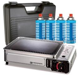 Plancha à gaz portable 2300W - 4 cartouches de gaz - Valise de transport KEMPER - acier gris_0