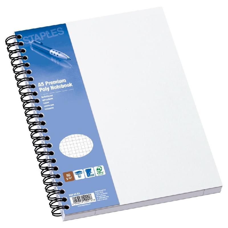 STAPLES CAHIER À SPIRALES POLYPRO - FORMAT A5 (80 G/M2) - 160 PAGES À PETITS CARREAUX - COULEUR BLANC (PRIX À L'UNITÉ)