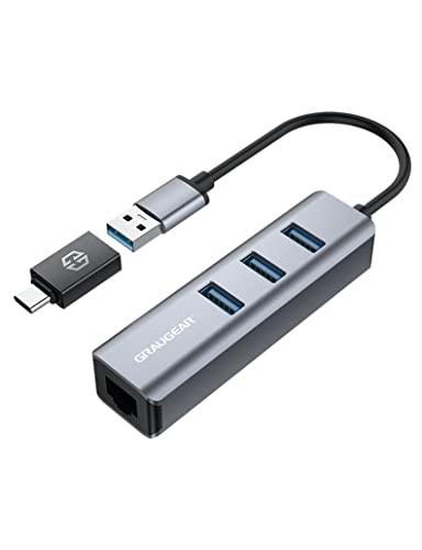 GRAUGEAR G-HUB31L-A - Hub USB 3.0 et Gigabit Ethernet LAN RJ45 avec adaptateur USB-C, boîtier compact en aluminium_0