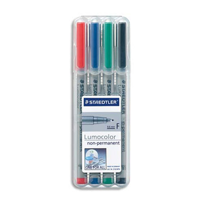 FEUTRE STAEDTLER LUMOCOLOR - FIN 0.6 MM - SOLUBLE - POCHETTE DE 4 COLORIS ASSORTIS