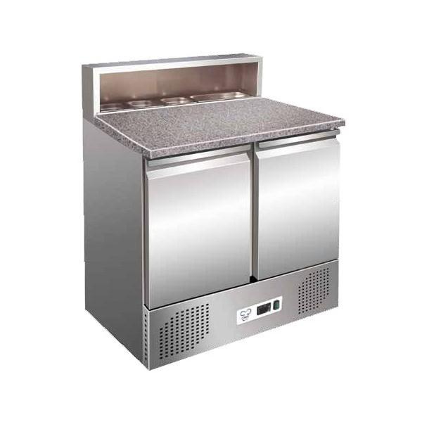 Saladette à pizza 2 portes - acier inox AISI 201 - dessus granit alimentaire - capacité 220 L - froid positif +4/+10°C_0
