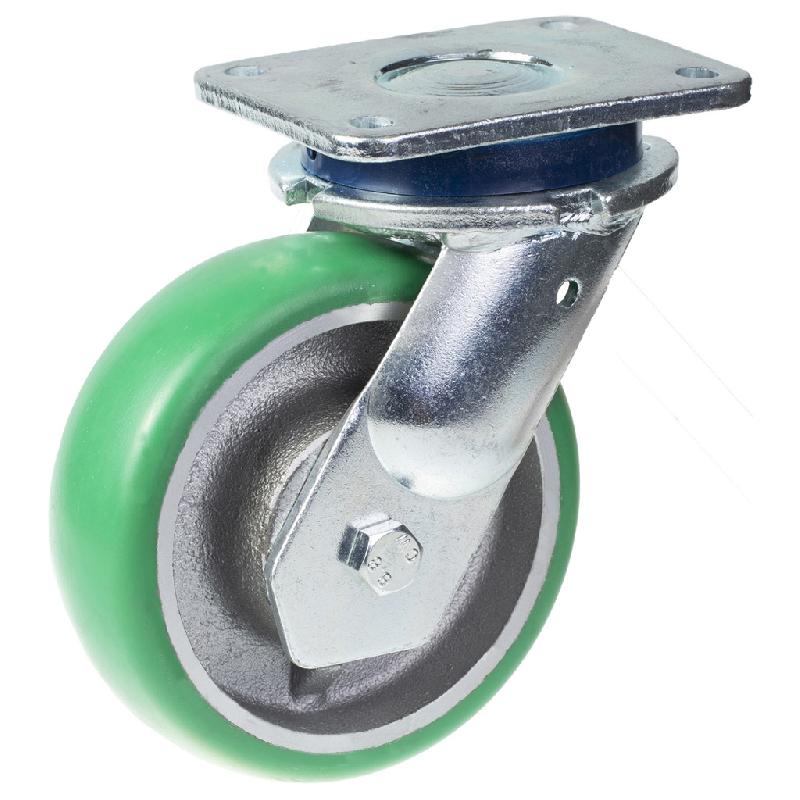 Roulette pivotante de 160mm avec polyuréthane élastique convexe vert sur centre en fonte w_0