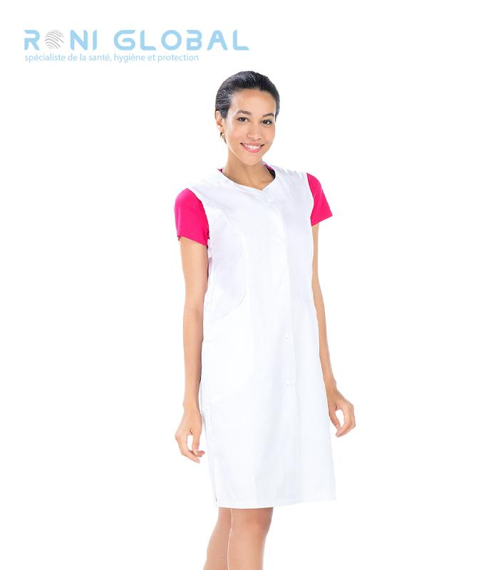 Blouse longue de travail femme sans manches en coton et polyester - 4 poches - CECILE REMI CONFECTION - Ref 2582_0