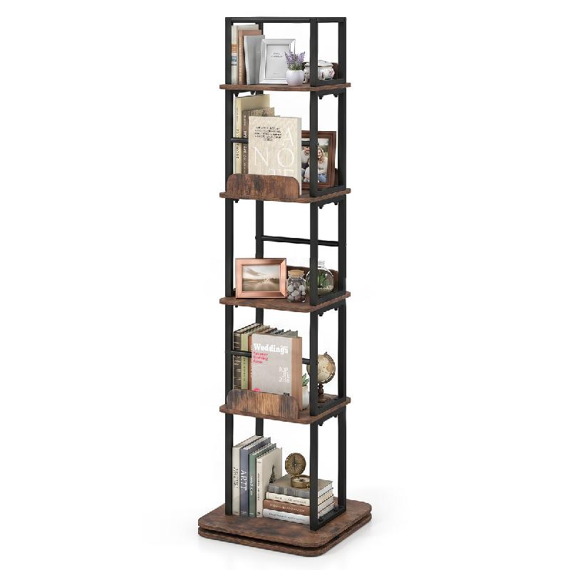COSTWAY Bibliothèque rotative 360°, 5 niveaux, cadre métallique stable, étagère gain de place pour salon et bureau - marron Bois manufacturé VH36538OR_0