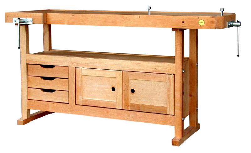 Établi menuisier 1,5m - caisson avec 3 tiroirs et 2 portes - plateau bois multiplis 25 mm_0
