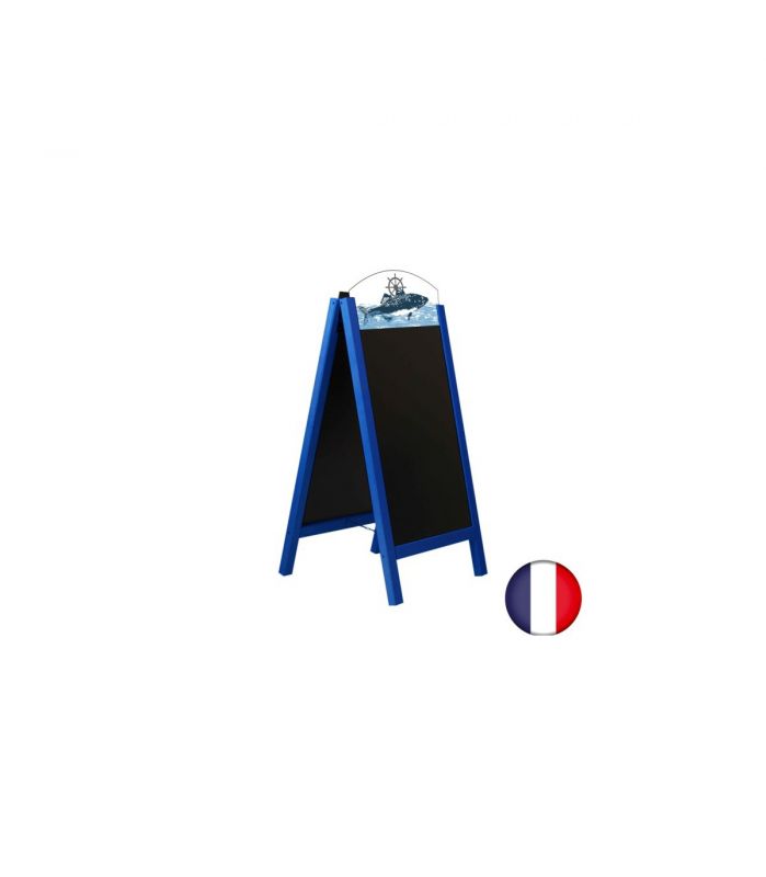 Stop trottoirs - Cadre bois bleu mer avec ardoises amovibles et bandeaux Poissonnerie - Interface PLV_0