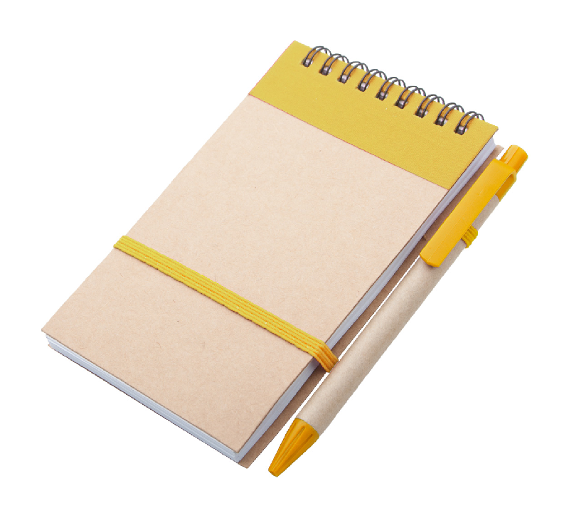 Bloc-notes de 70 pages lignées en carton recyclé avec stylo à bille assorti - Couleur jaune - Poids 85 gr_0