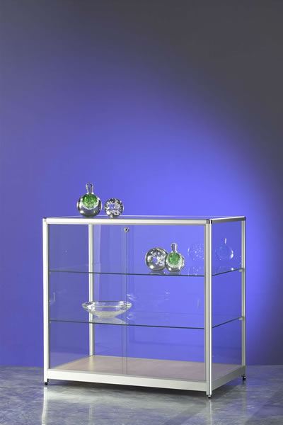 Vitrine Ouverte Blanc Mélamine - 3 étagères Verre, Montants Alu, 145x109x45 Cm