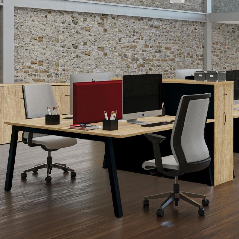 Part bureau double multiposte - plateaux mélaminés Structurex® 25 mm - piétement métal structure 'A' et options passe-câbles_0