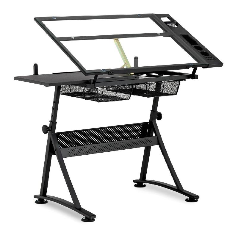 Table à dessin bureau inclinable 120 x 60 x 90 cm - plateau en verre trempé - 2 tiroirs - inclinaison 0-70° - 14_0003606_0
