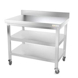 Table de travail en inox 1000 x 500 mm adossée avec 2 étagères sur roulettes PREMIUM / GOLDINOX - gris inox 3701770807628_0