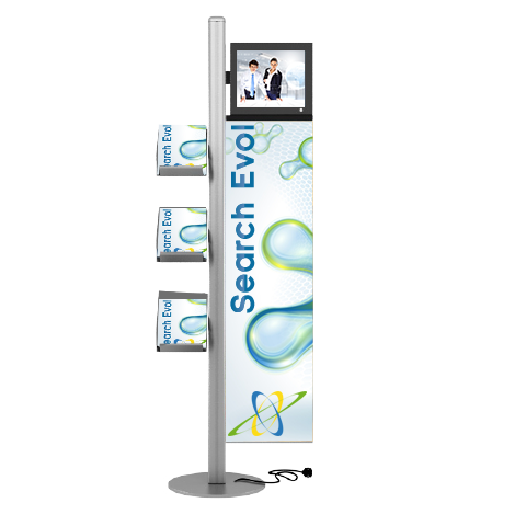 Mât porte-brochure en aluminium avec écran LCD 19'' - 3 porte-brochures A4 et kakémono 38x140 cm_0