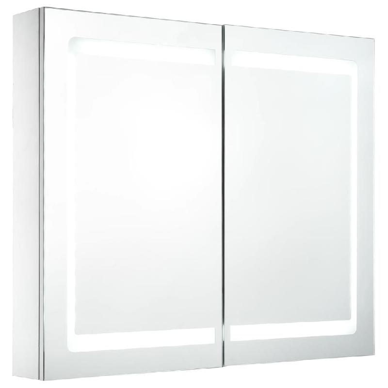 Armoire de salle de bain à miroir LED - MDF blanc 80 x 12,2 x 68 cm avec étagères et interrupteur USB_0
