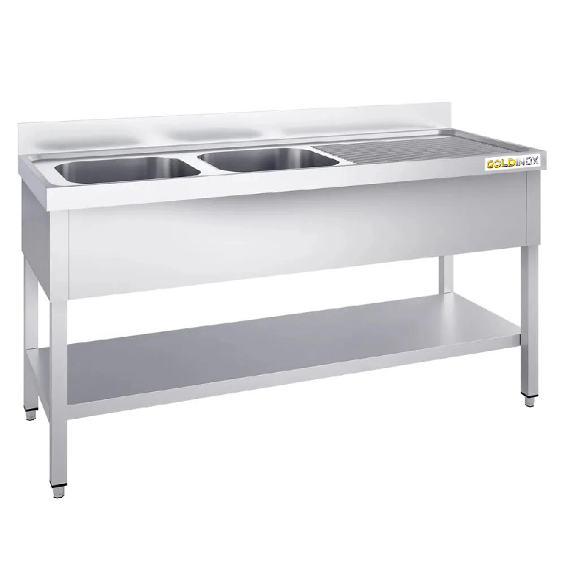 Plonge inox 1800x700mm avec 2 bacs à gauche et égouttoir à droite PREMIUM - GOLDINOX - inox 3701770816095_0
