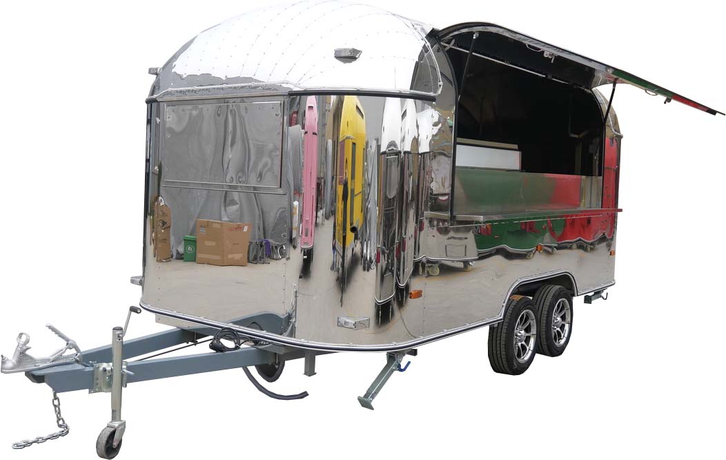Remorque snack 5m50 inox rétro au look Airstream - 2 réservoirs d'eau de 25 L_0