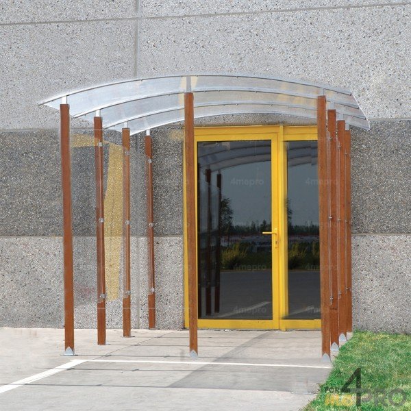 Abri fumeur mural / structure en bois et acier / bardage en plexiglass / banc assis-debout / 2.5 x 3.5 m_0