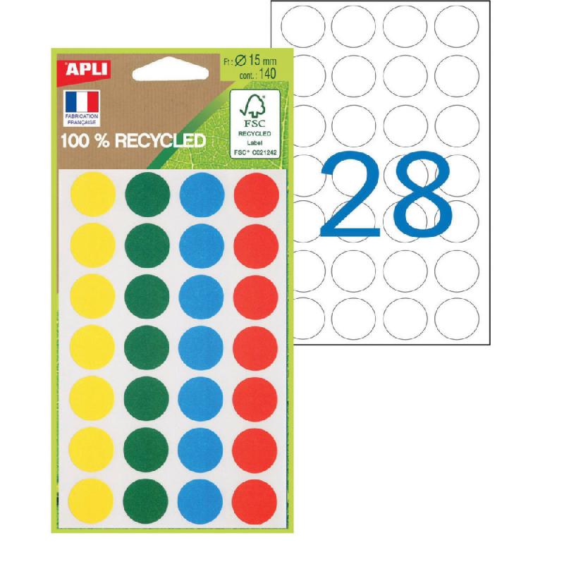 APLI Pastilles adhésives recyclées Ø 15 mm - 101786 - Pochette de 140 - Assorties_0