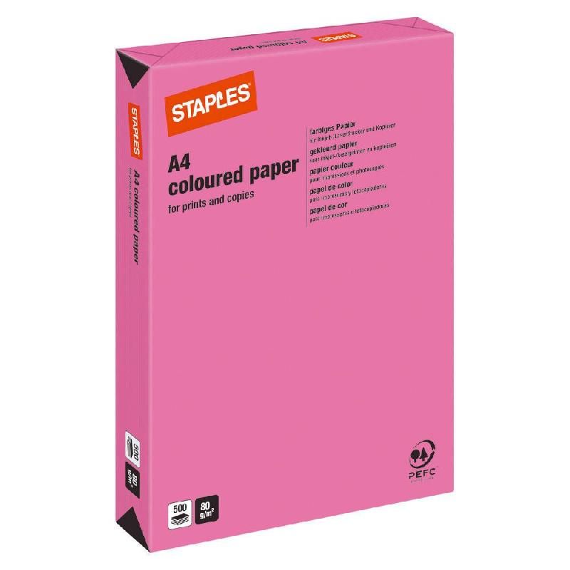 STAPLES RAMETTE 500 FEUILLES PAPIER COULEUR STAPLES - COLORIS VIF : ROSE - A4 - 80 G/M2 (PRIX À L'UNITÉ)