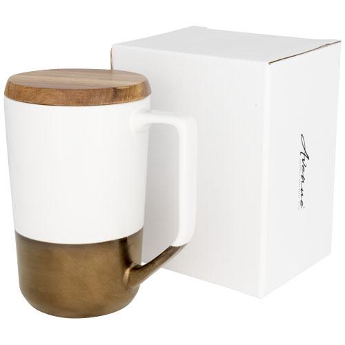 Tasse en céramique rétro Tahoe - 470ml - Avec couvercle en bois et rainure pour sachets de thé_0