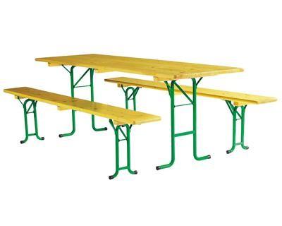 Ensemble de table pliante et bancs pliants - Brasserie Vienne - pin massif, vernis naturel, usage intérieur/extérieur_0