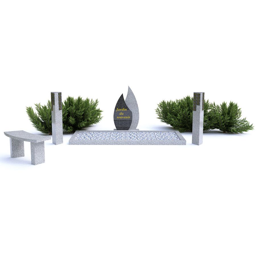Jardins du souvenir - Stèle Flamme Double - Avec entourage rectangulaire et 2 stèle de remarques triangle - Avec banc courbe_0