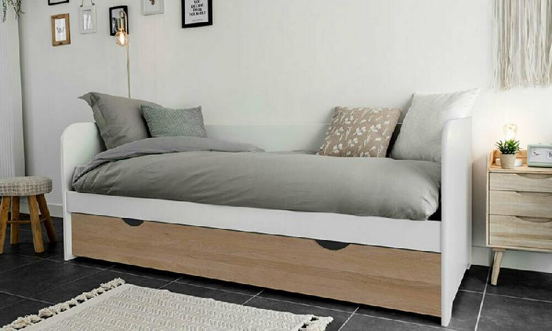 LIT BANQUETTE GIGOGNE FLOCON  BLANC ET BOIS 80X200 CM
