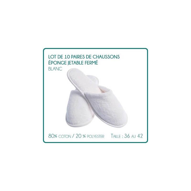 LOT DE 10 PAIRES DE CHAUSSONS ÉPONGES JETABLES FERMÉS BLANCS EN COTON