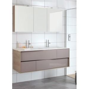 MEUBLE 140 CM 2 VASQUES CÔTÉS LAQUE SATINÉE FAÇADE BOIS + MIROIR MY LODGE SANIJURA