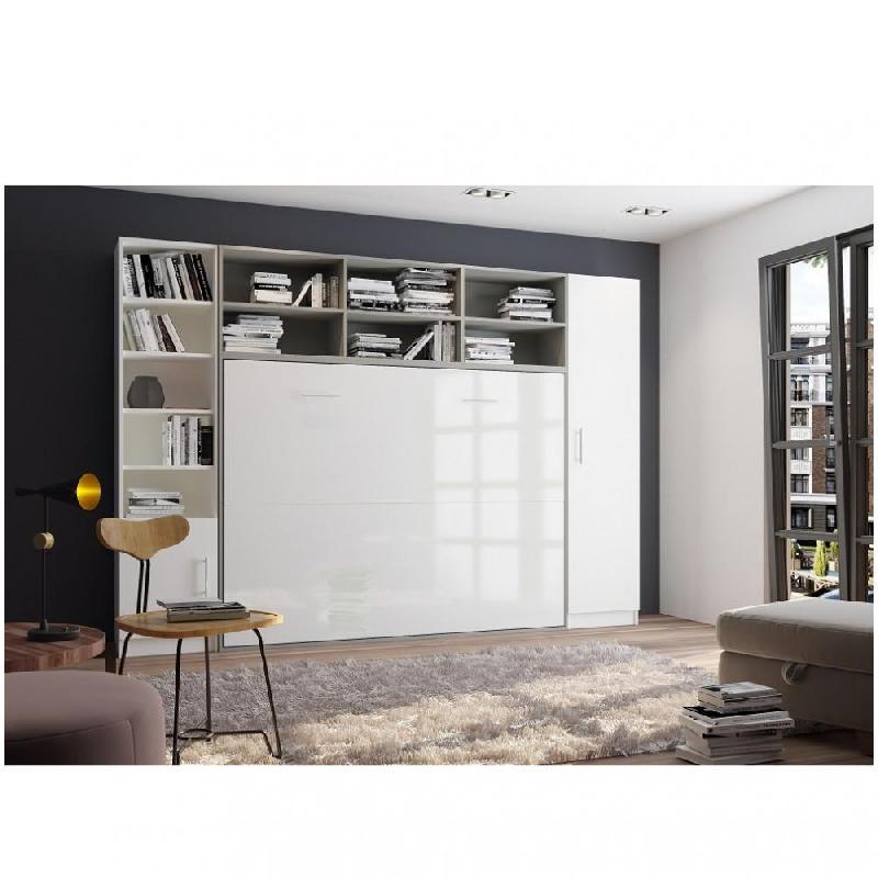 Armoire Lit Escamotable Horizontale STRADA-V2 Gris/Blanc Mat - Façade Blanc Brillant - 2 Colonnes - Couchage 140x200 cm_0