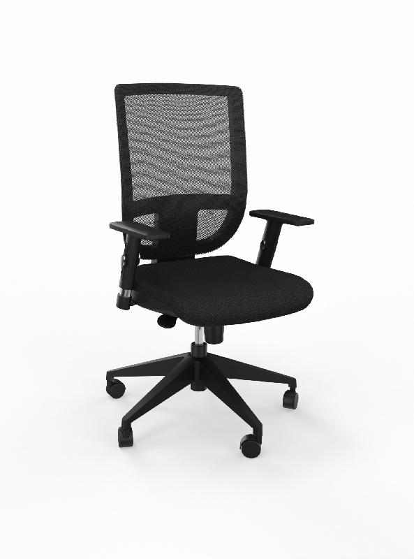 Siège de bureau TERTIO - haut dossier en résille noire et assise en tissu noir - mécanisme synchrone et accoudoirs réglables_0