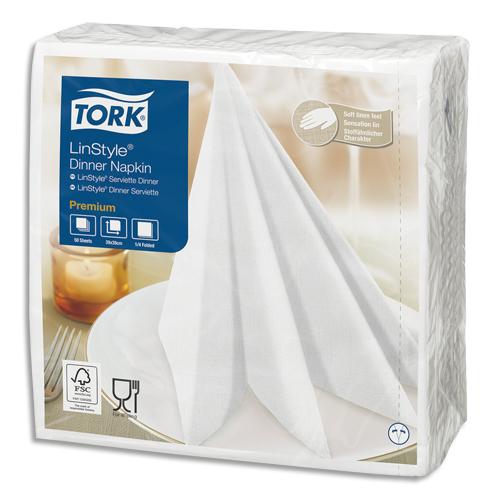 Tork paquet de 50 serviettes linstyle blanches non-tissées, aspect + toucher textile - format 39 x 39 cm_0