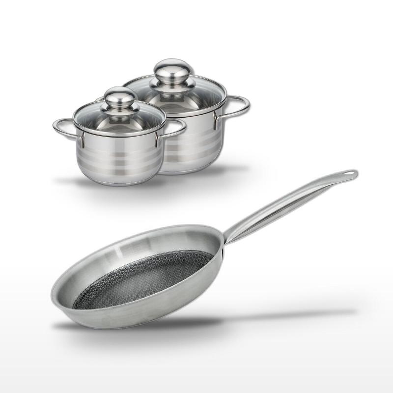 Batterie de cuisine avec 1 poêle de cuisson 24 cm et 2 faitouts 12/14 cm en inox sans PFAS Elo Collection Relief Solution Brillant - gris 31762399409_0