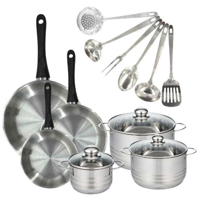Batterie de cuisine avec 3 poêles 20/24/28 cm et 3 faitouts 16/20/24 cm avec 6 ustensiles de cuisine sans PFAS Fackelmann Généva Brillant Oxford -_0
