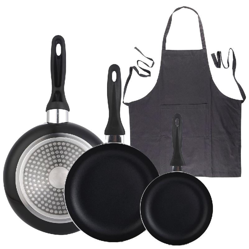 BERGNER - Set de 3 poêles 16/20/24 en aluminium pressé noir avec tablier de cuisine gris foncé 100% coton 75x80cm - PK9937_0