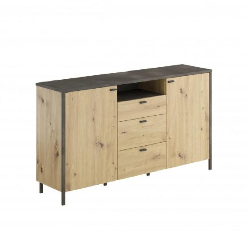 Buffet industriel INOUI - finition chêne artisan et acier, 2 portes, 3 tiroirs, niche ouverte_0