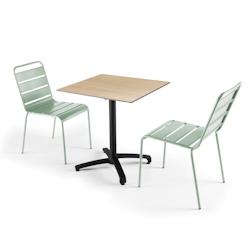 Oviala Business Ensemble table de jardin stratifié chene naturel 2 chaises vert sauge - Oviala - 110088_0