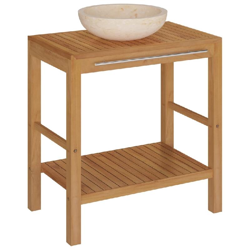 Helloshop26 - Armoire de toilette 74 x 45 x 75 cm en teck solide avec lavabo en marbre crème 02_0006619 - Bois massif 3000363582721_0