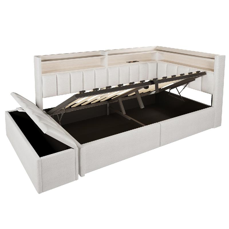 Merax LED lit rembourré 90 x 200 cm, lit simple avec espace de rangement hydraulique, banquette de lit, USB-A/C - blanc multi-matériau WX001061AAK_0
